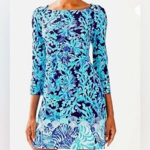NWT LILLY PULITZER 50+ SOPHIE DRESS Size L BRIGHT NAVY IN TOO DEEP ENGINEERED